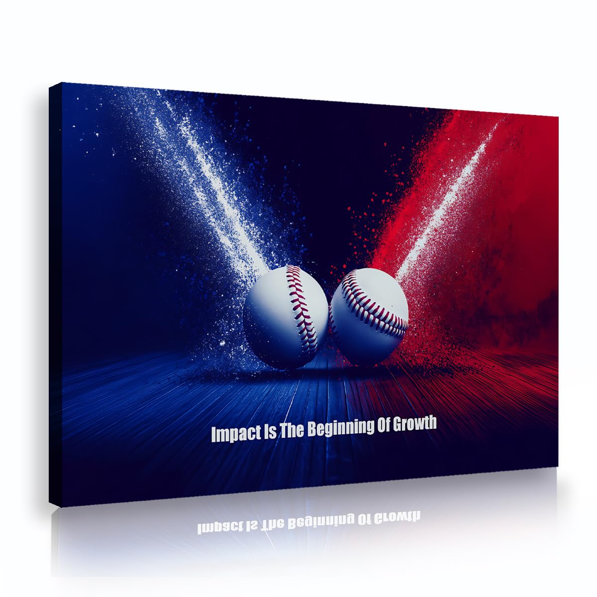 Via Vela Baseball Impact Framed Canvas Prints Boys Room Sports Motivational Quote Painting Blue Red Pictures Ready to Hang Artwork for Game Decor 80x120cm