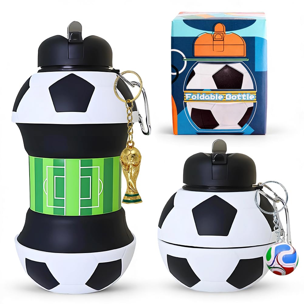 OPVXZAD Children's Football Water Bottle, 550 ml, Foldable Silicone, Children's Sports with Carabiner Football Keyring, Sports Bottle for Boys Children and Adults (A1)