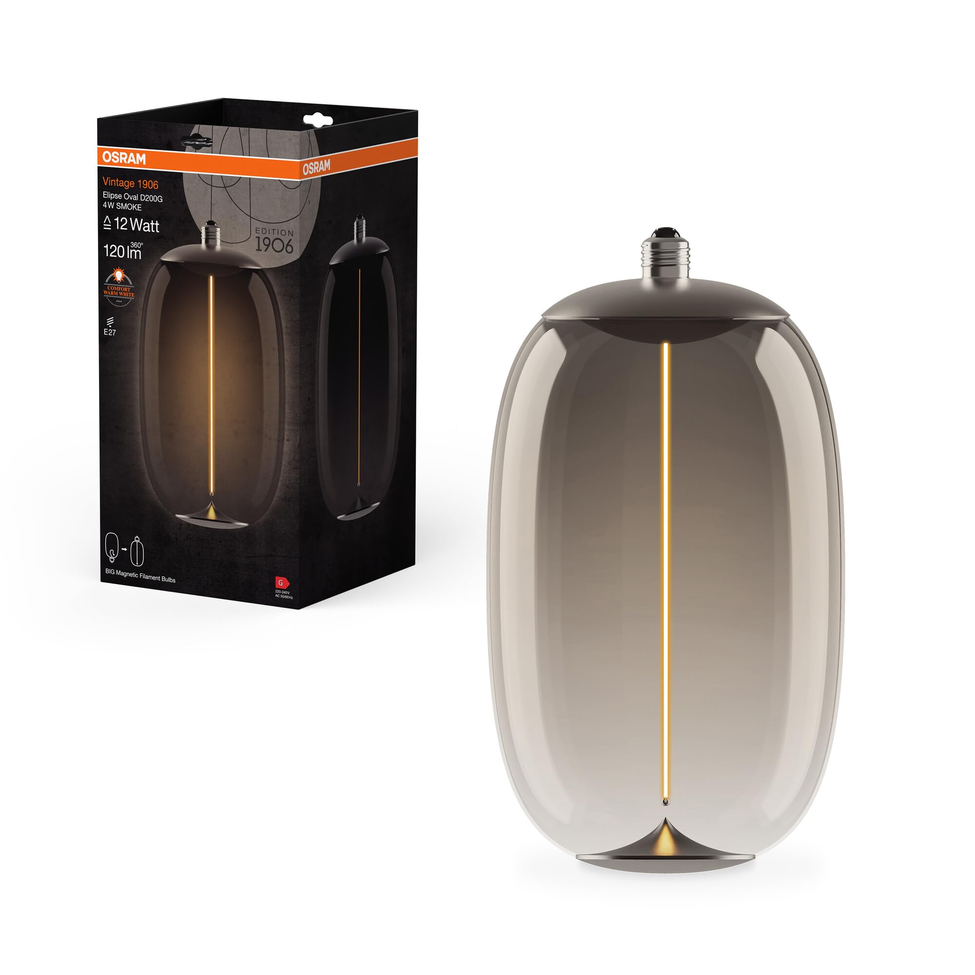 OSRAM Vintage 1906® Big Elipse Oval, Decorative LED lamp with Smoke-Colored Glass, with Ultra-Slim and Magnetic Filament, E27 Base, 4 watts, Cozy Warm White (1800K), Low Energy Consumption