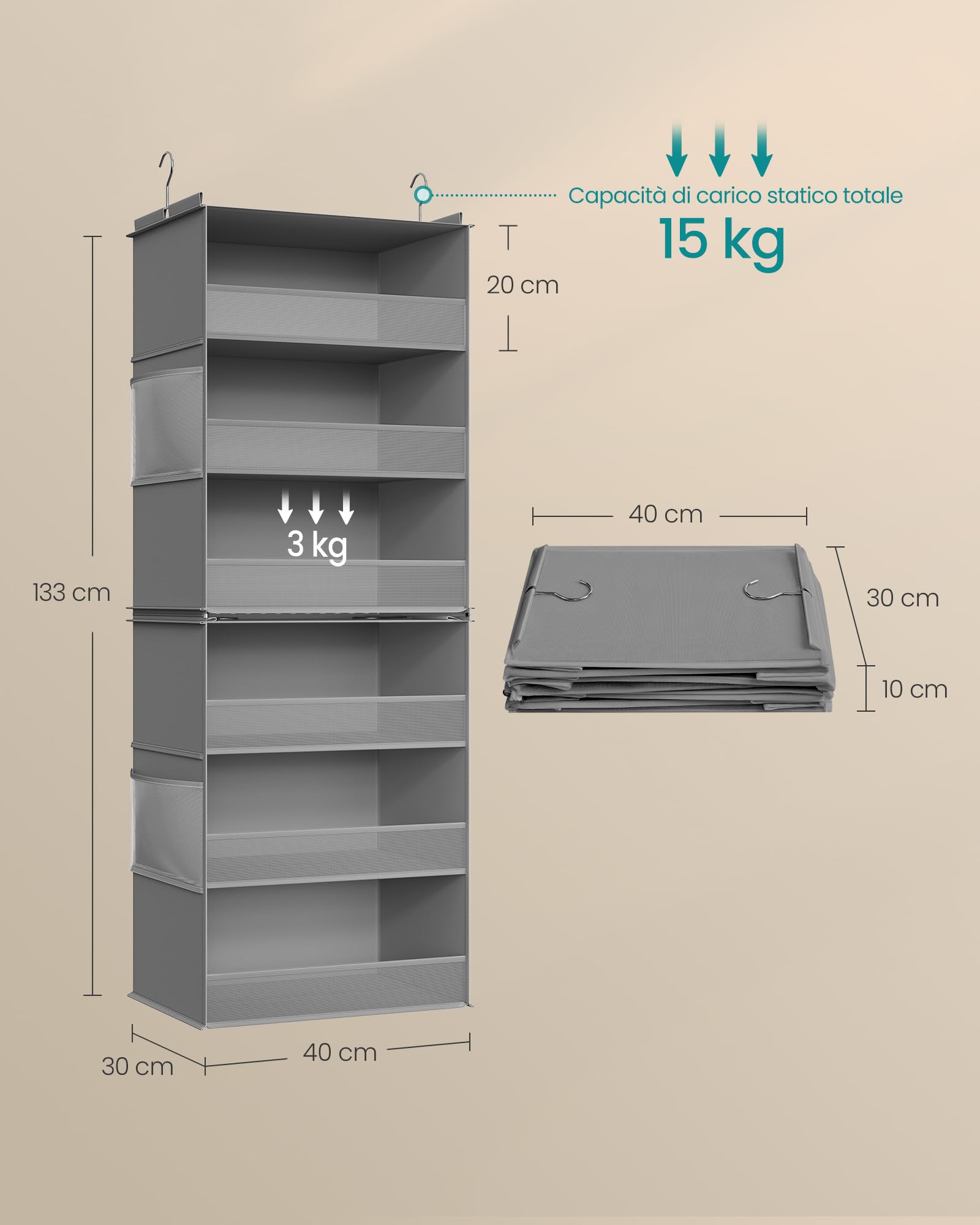 SONGMICS Portaoggetti da Appendere, Set di 2, Organizer Armadio, Divisibile, Pieghevole, Ganci in Metallo e Inserti in Bambù, Grigio Tortora RCH008G01