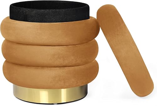 Miniatura 8 de Adeco Taburete redondo otomano de terciopelo con almacenamiento, moderno reposapiés acolchado, reposapiés para sala de estar, dormitorio, beige