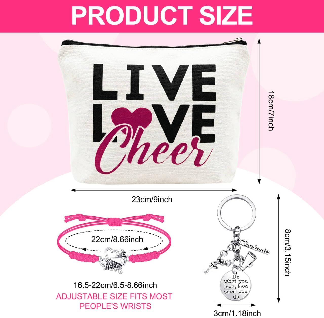 Cheerleader Gifts for Girls, 3 Pcs Cheerleading Gifts Including Complete Set with Fashionable Makeup Bag, Keychain and Cheerleading Bracelet, Cheerleader Accessories for Women and Girls (Pink) - Image 2