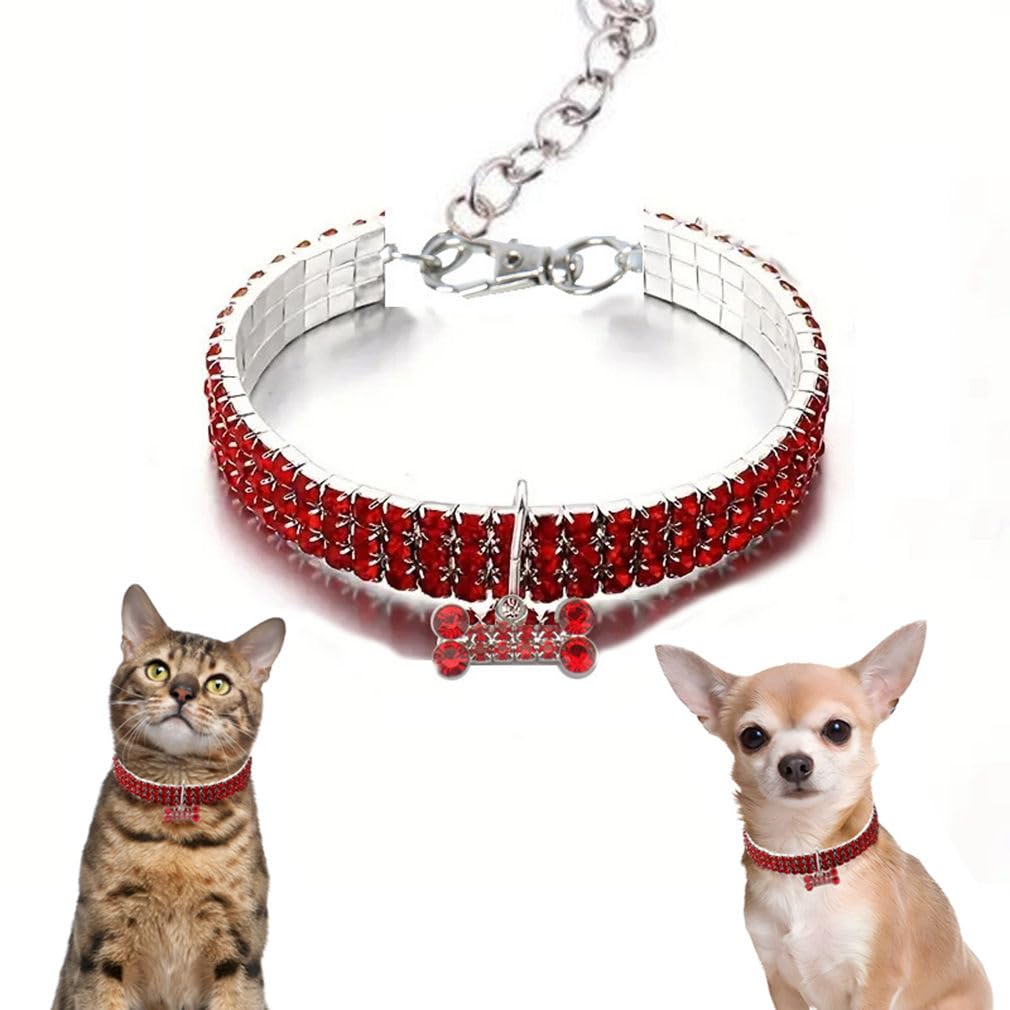 Bling Dog Collar for Small Dogs, Rhinestone Cat Necklace Diamond Puppy Jewelry Crystal Pet Glitter Chain Jewel Bone Pendant, Red XXSmall