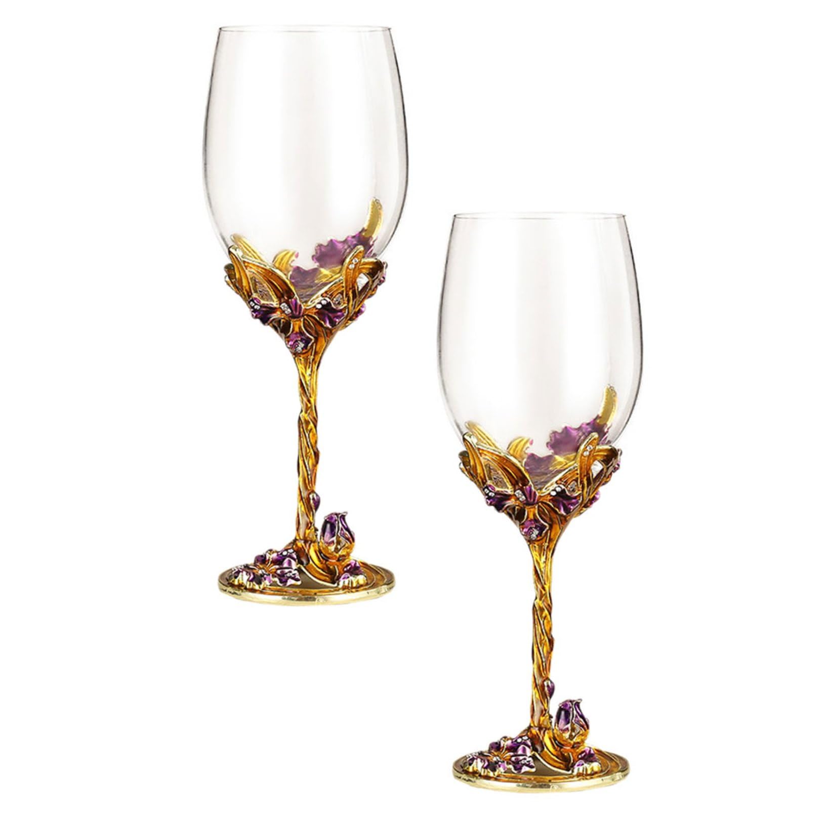 DOITOOL Copas de Vino Esmaltadas Doradas 2 Piezas Cristal Diseño de Flor Iris Copas para Whisky y Bodas Vaso Decorativo para Bar y Hogar Cristalería para Eventos y Regalos