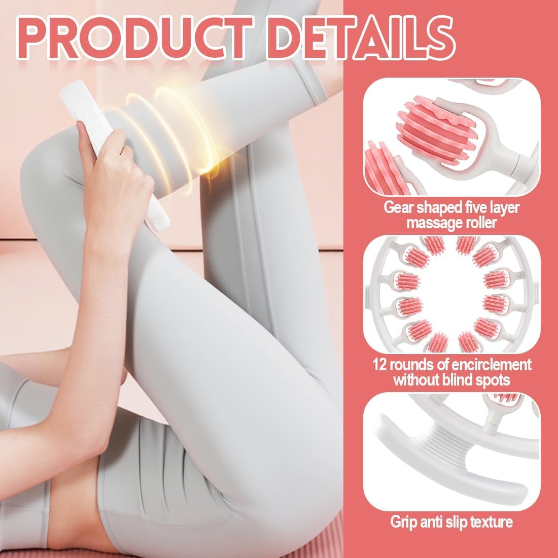 BLIXAR Cellulite Massager, 360° Coverage Anti Cellulite Massager with 12 Rollers, Manual Massage Roller Anti-Cellulite Massage Devices for Legs, Glutee, Arms, Thighs & Abdomen (Pink) - Image 3 thumbnail