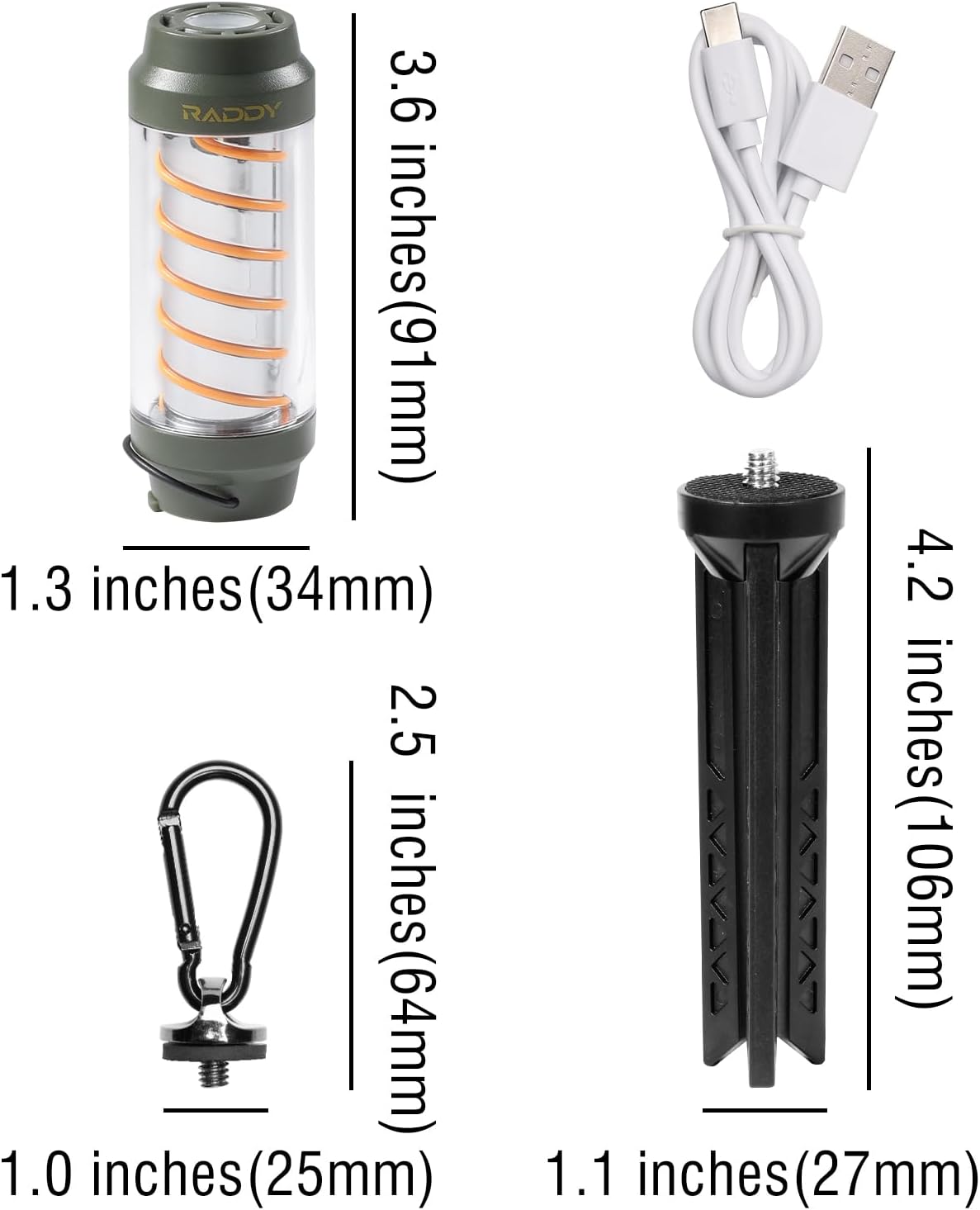 Raddy CL-1 Portable Rechargeable Flashlight with 7 Light Modes, IPX6 Waterproof, Carabiner and Stand, for Hiking, Fishing, Emergency, Power Outage