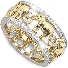 Lzz Lucky Gold Elephant 925 Sterling Silver Ring 1.5Ct White Topaz Cubic Zirconia Ring Elephant Family Immigration Ring Wedding Lady Men's Ring Size 6-10 (US code 10)