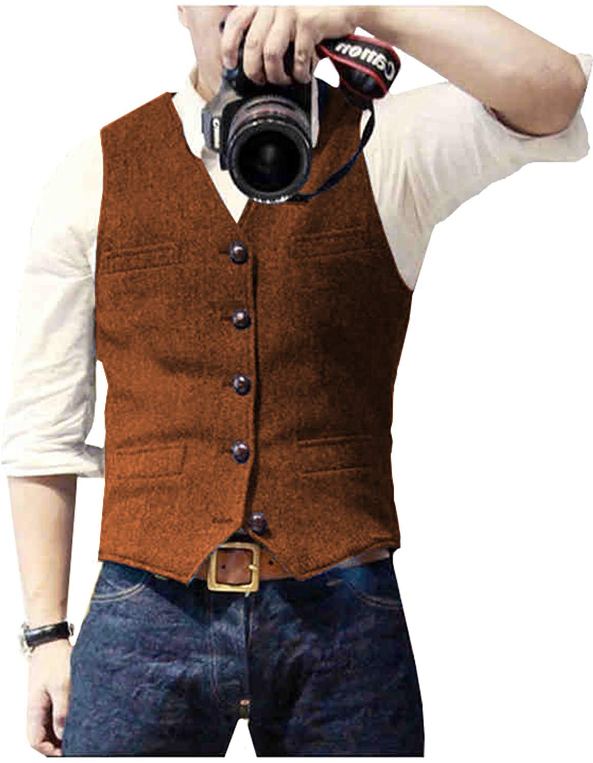Ceehuteey Mens Suit Vest Waistcoat Tweed Retro V Neck Wool Herringbone for Prom, Orange, Medium