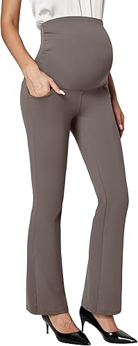 Ewedoos Pantalones de maternidad pantalones de trabajo laterales fruncidos con bolsillos sobre el vientre, pantalones de vestir de embarazo,