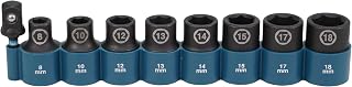 Makita E-16645 Impact Black Impact Socket Set 1/2 Inch 9-Piece SW8 - SW18 with Adaptor 50 mm 1/4 Inch Hex to 1/2 Inch Square, Chrome-Molybdenum, Impact Sockets 38 mm Long