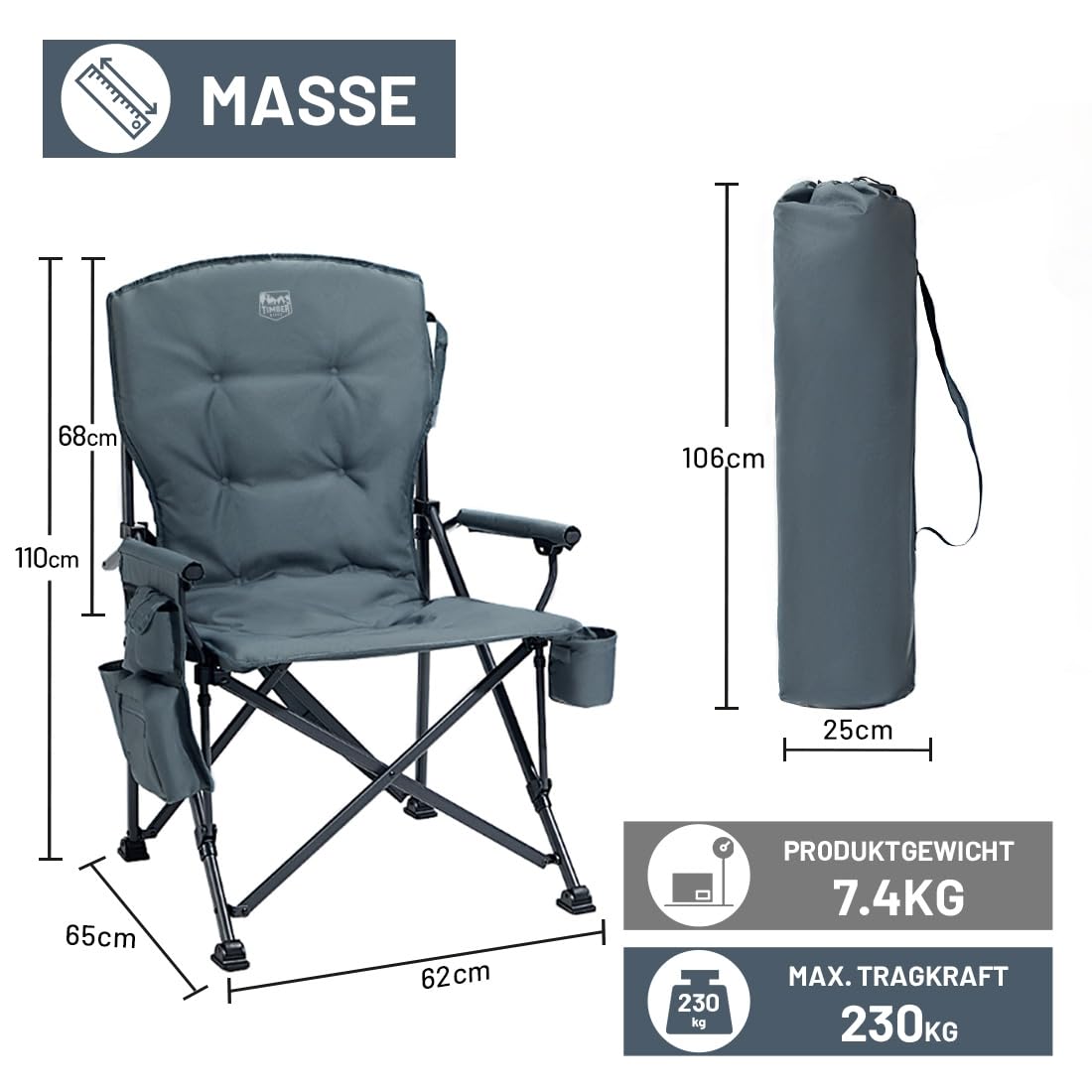 TIMBER RIDGE Campingstuhl Faltbar 4cm Gepolsterter Klappstuhl Camping 62cm Breiter Sitz & 68cm Hohe Rückenlehne Faltstuhl Belastbar bis 230kg mit Kühltasche & Getränkehalter für Camping Angeln Garten