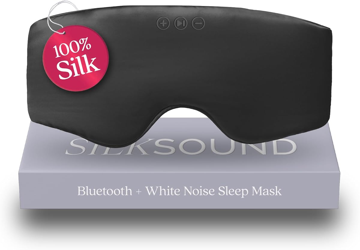 SilkSound 100% Mulberry Silk Bluetooth Sleep Mask, Skin-Friendly Sleeping Eyemask with Bluetooth Sleep Headphones, Silk Eye Mask Headphones with Small Side Speakers, White Noise Head Phones Ear Muffs