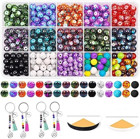 HW 579PCS Chakra Beads Kit, 8mm Beads for Jewellery Making, 18 Colors Acrylic Round Glass Beads in Different Pattern with Lava Beads,Jump Rings Elastic String for Adult Jewelry Making Supplies