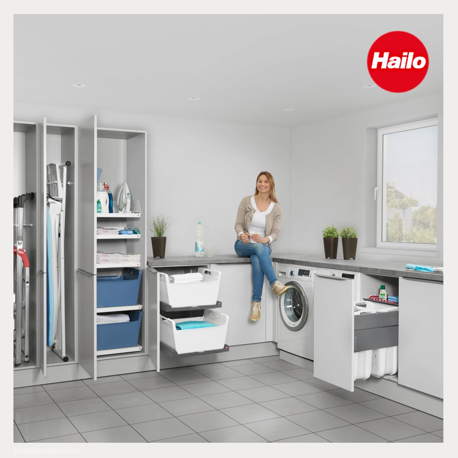 Hailo Wäschesammler | Laundry Carrier Wäschebehälter 60 LC Slide SC | 80 Liter Sammelvolumen | platzsparend & stabil | Einbau Wäschekorb für Schmutzwäsche im Haushalt und Badezimmer (Dunkelgrau-Weiß)
