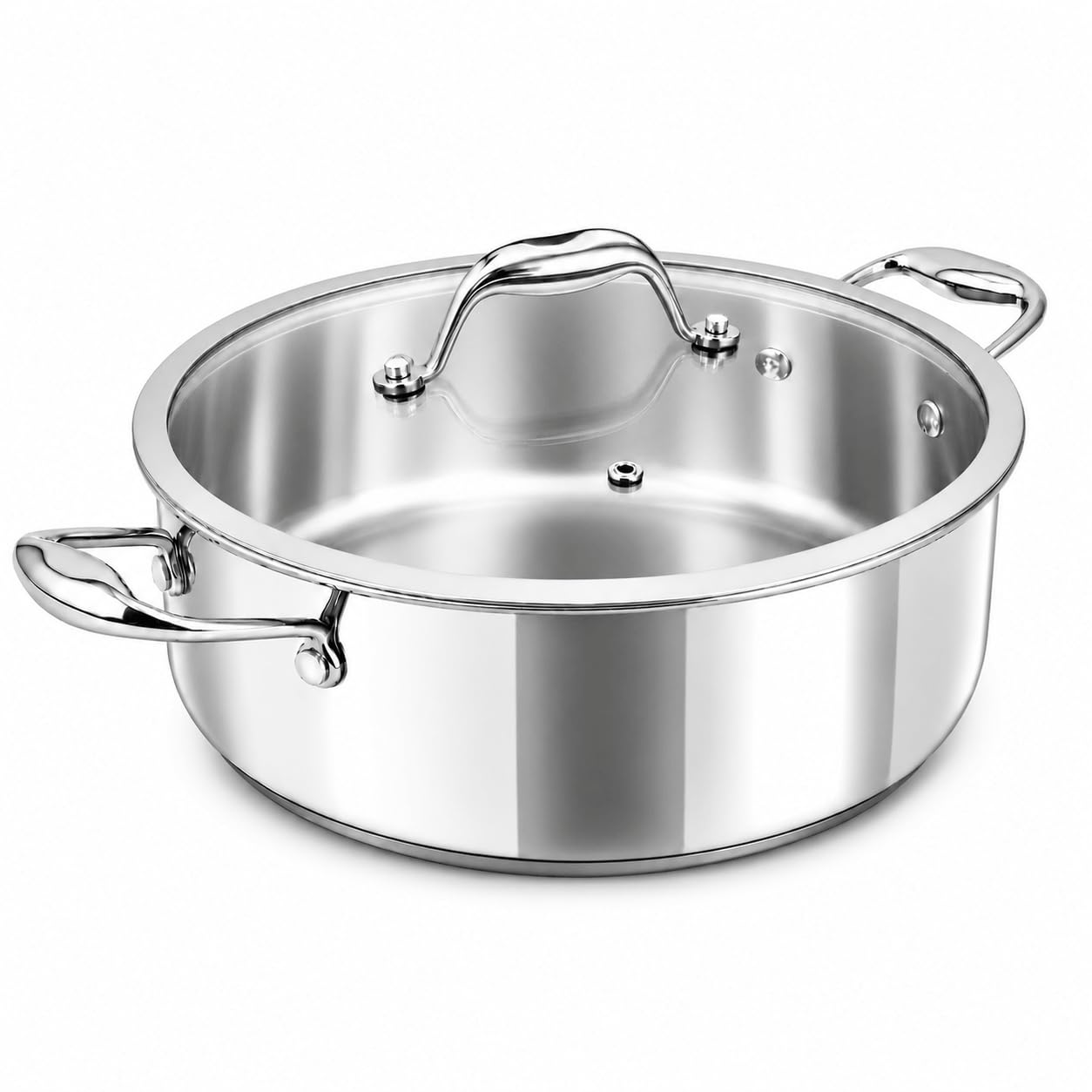 DELARLO Schmorpfanne Hoher Rand, Edelstahl Servierpfanne | 7mm 3‑lagiger Boden, Unbeschichtet, PFOA Frei, PFAS Frei, PTFE Frei, Geeignet für alle Herdarten, Ergonomischer Griff