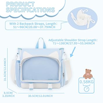 TINYAT Ita Bag Backpack for School Kawaii Pin Display Bag Aesthetic Cat Backpack Anime Cosplay Crossbody Messenger Bags Girls Women Student
