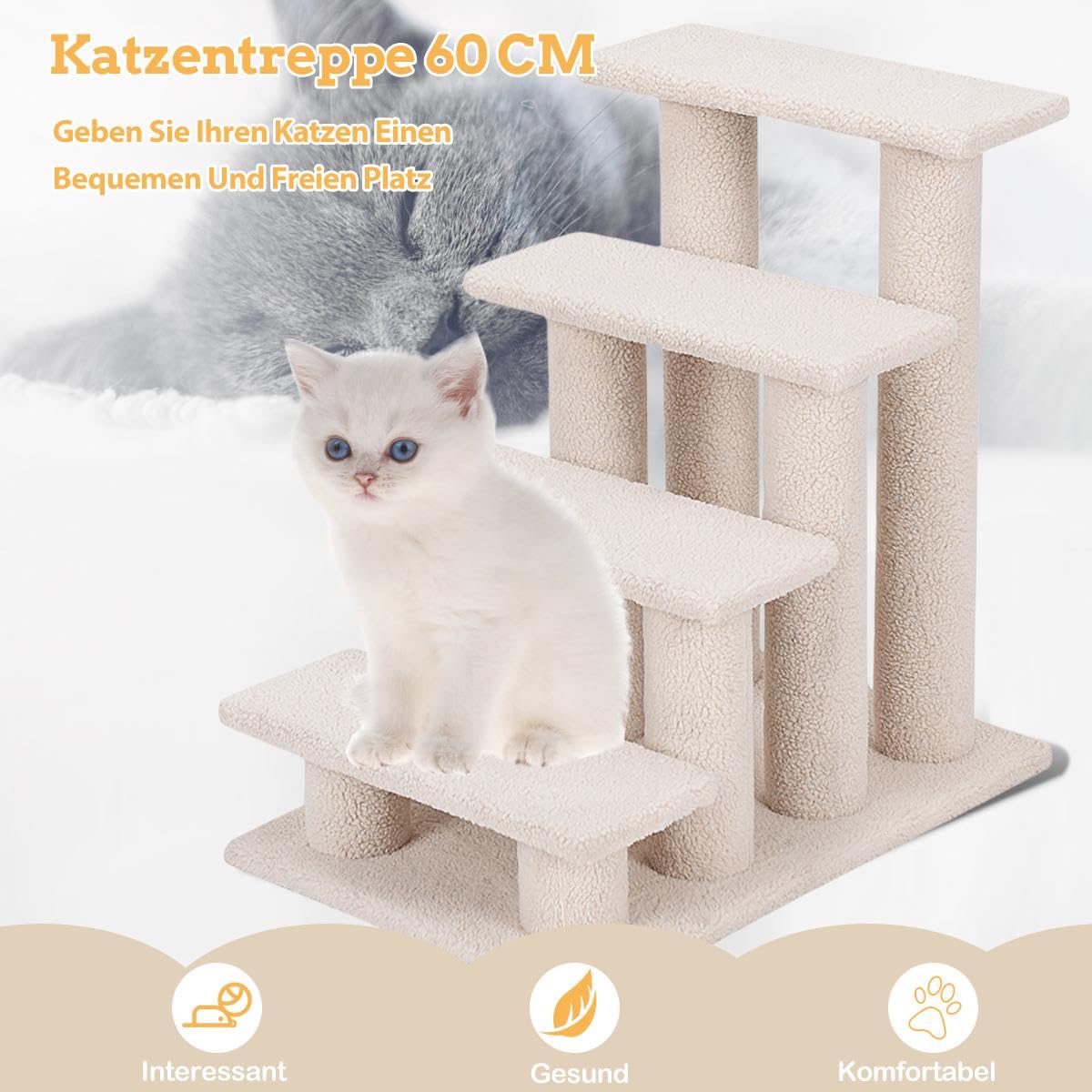 SOARS Katzentreppe, 4-stufige Haustiertreppe, Treppe für Katzen bis 25 kg, Hundetreppe, Kletterbaum Katzenbaum, 61 x 41 x 60 cm (Beige)