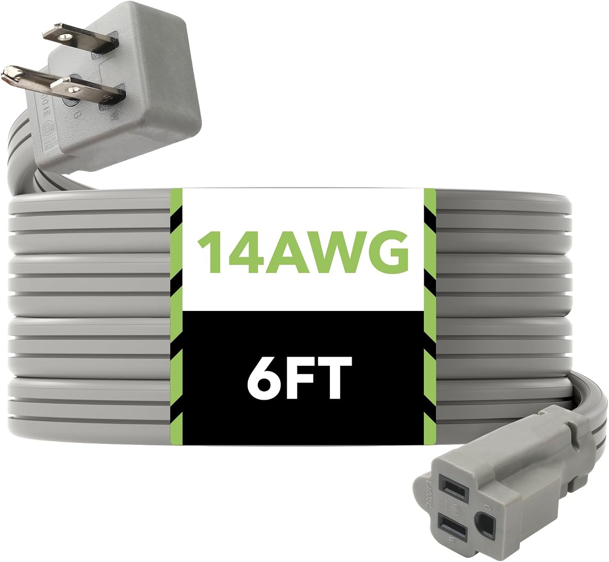 Cable de extensión para aire acondicionado de 6 pies, cable de alimentación resistente calibre 14, gris, enchufe plano con conexión a tierra de 3 clavijas, 15 amperios, para aire acondicionado interior, refrigerador y todos los electrodomésticos principales