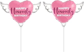 Heavenly Balloons Happy Heavenly Birthday Pink Heart Balloon on a Stick with Angel Wings | Purple "Heavenly" Text 2-Pack
