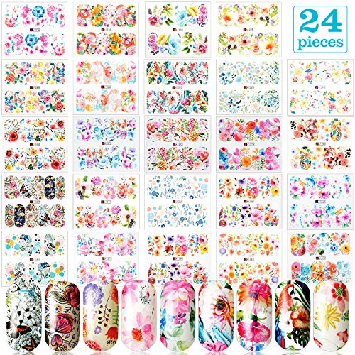 24 Sheets Full Nail Art Stickers Spring Leaf Flowers Designs Water Transfer Watermark Stickers Flamingo Nail Decals Thanksgiving Nail Wrap Manicure Stickers for Women Girls DIY Fingernail Decorations