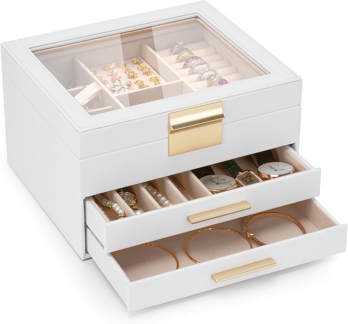 JBAOWEI Jewelry Box for Women, 3-Layer Jewelry Box, Jewelry Organizer with Clear Glass Lid and Drawers, Jewelry Organizers and Storage for Necklaces, Rings, Earrings, Bracelets(White)