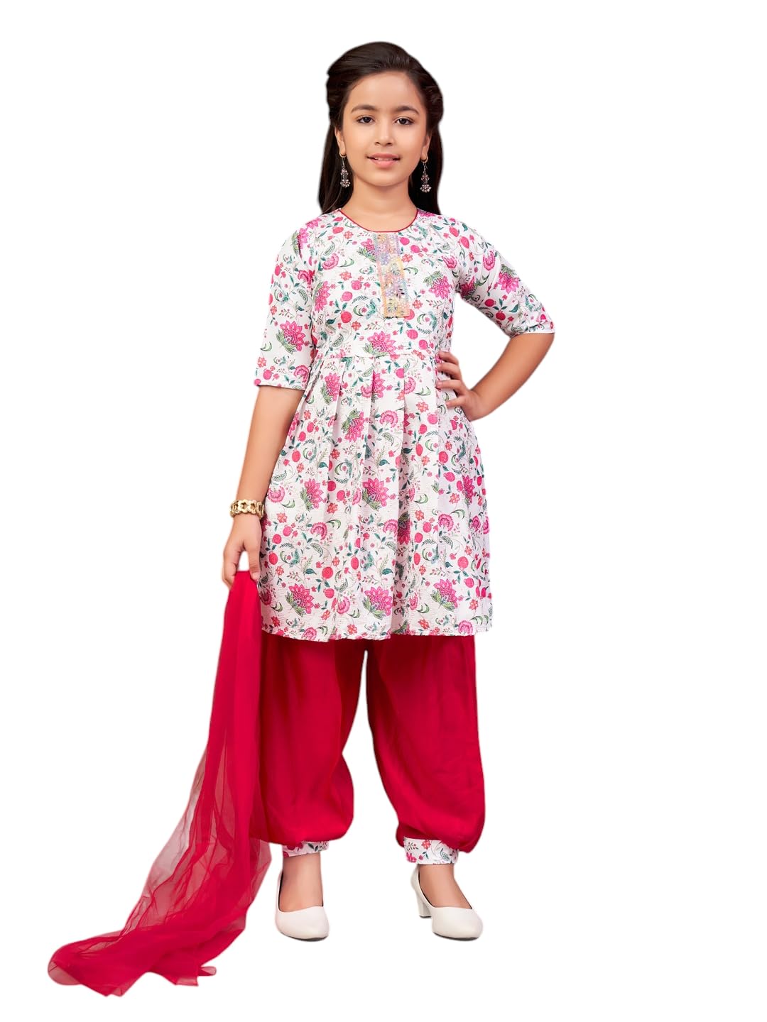 Aarika Girls Ethnic Wear Rani-White Colour Floral Print Beads Work Polycrepe Kurti Patiala Set With Dupatta-3-13 Years (Pt-Shm-5006)
