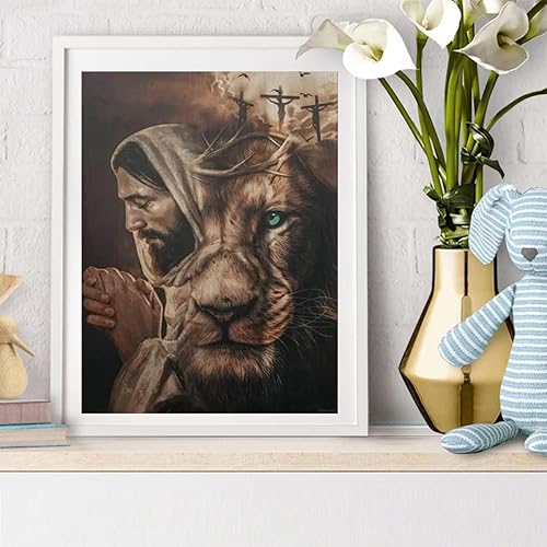 Miniatura 2 de UPABLUNSO Kit de pintura de diamantes para adultos, Jesús, león, cruz, religión, pintura de diamantes por números, arte de gemas para decoración del