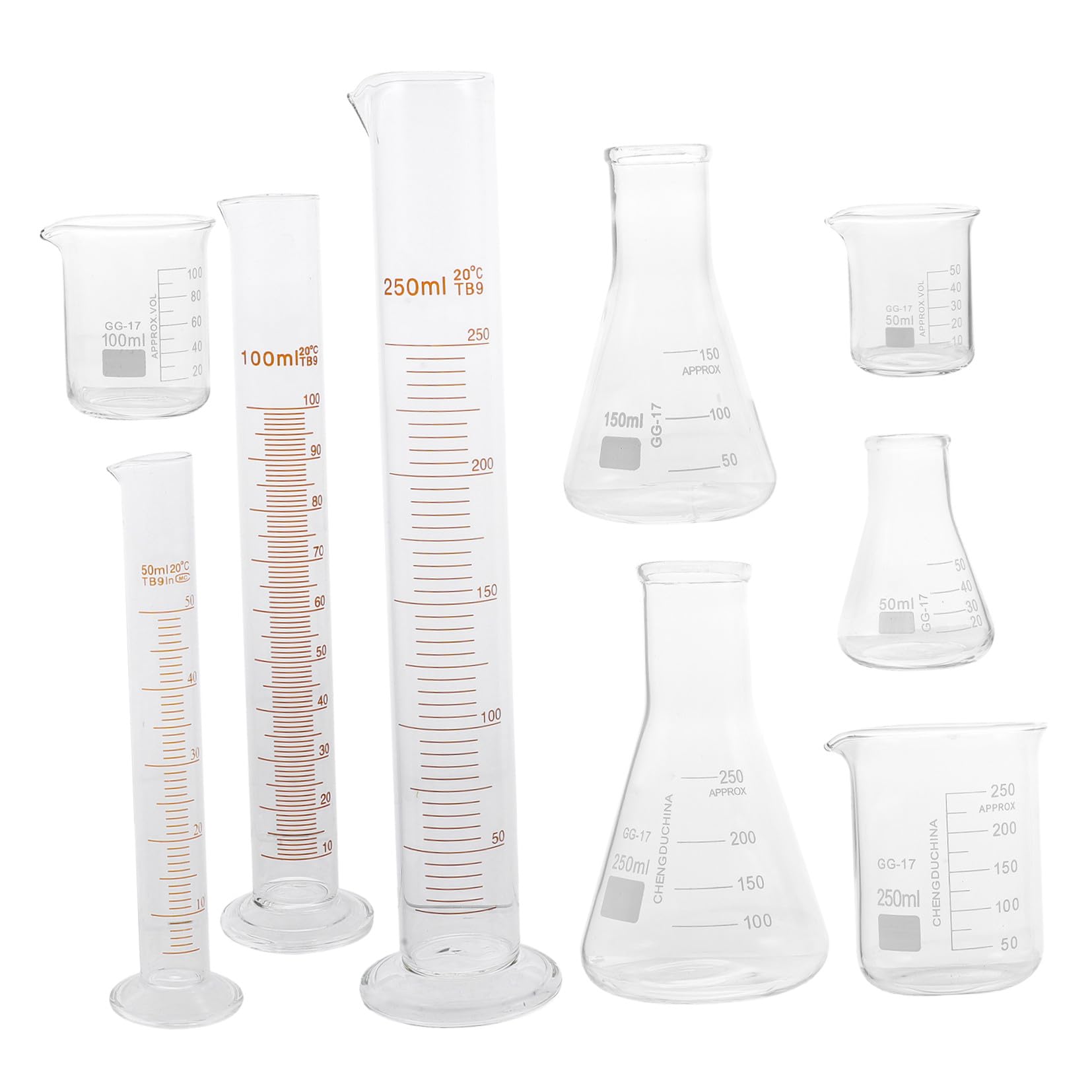 PLAFOPE 9piezas Cristalería De Laboratorio Científico Vaso Graduado De Vidrio Matraz Cónico De Herramientas Para Experimentos Químicos Casa o Clase