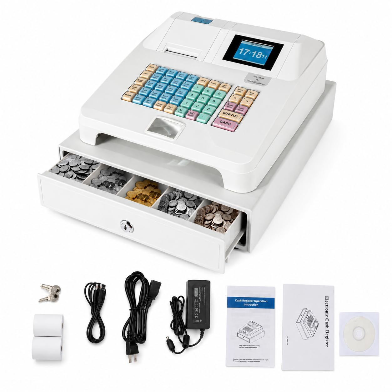 Cash Register for Small Businesses, 48 Keys, 8 Digital LED Display | Electronic Cash Register w/Thermal Printer & Cash Box for Retailer and Supermarket, White
