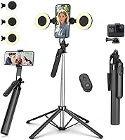 Vista 9 de Kit de vlogging para iPhone/Android, trípode de metal para selfie stick para iPhone con luz y micrófono, trípode de teléfono ajustable de 70
