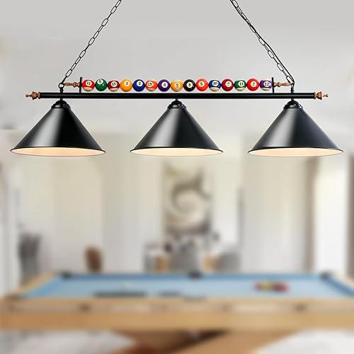 Miniatura 5 de Lámpara de mesa de billar de 47 pulgadas para mesas de 7 pies y 8 pies, colgar sobre billar con bola real y 3 pantallas de lámpara de metal