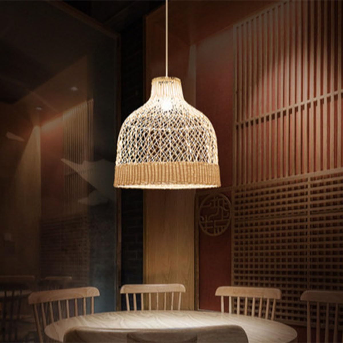 Naturalna rattanowa lampa wisząca z dzwonkiem ręcznie tkana diamentowa krata żyrandol boho wyspa kuchnia lampa wisząca do jadalni,