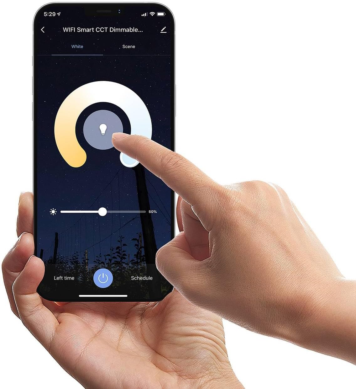 Smartphone screen showing the Tuya app interface for controlling a smart light, with options for brightness and color temperature adjustment.
