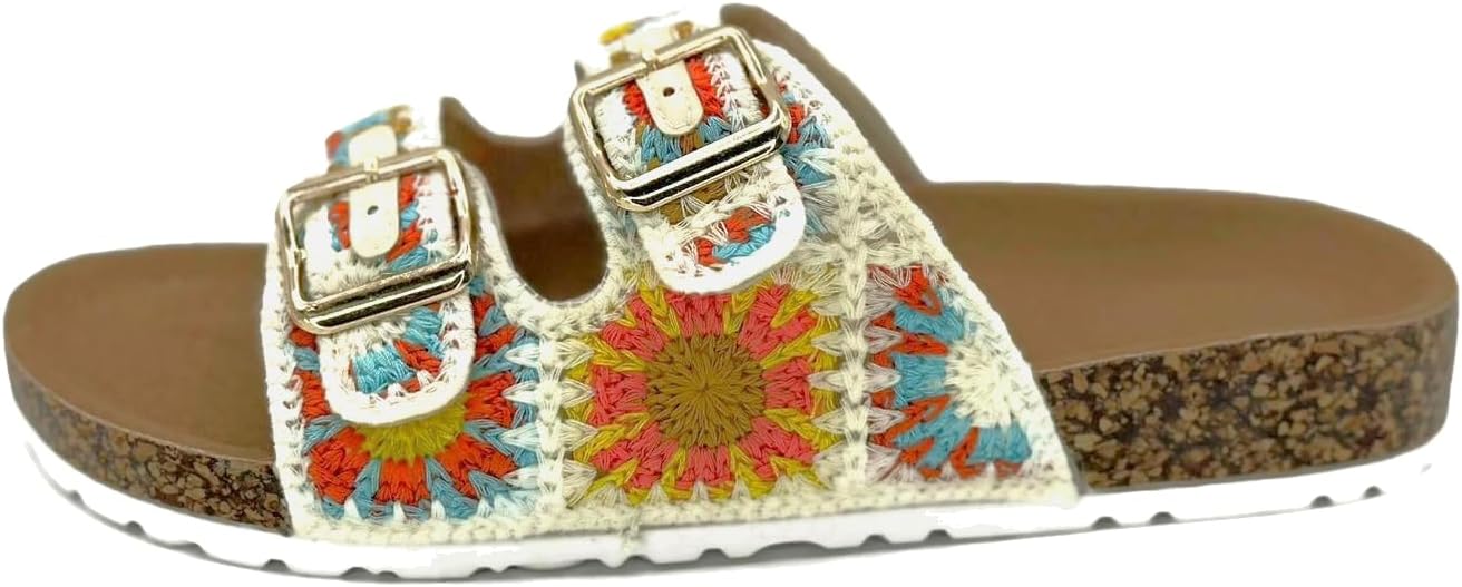TruFox Women's Crochet Double Strap Flat Sandals Comfortable with Cork Molded Footbed - Image 3