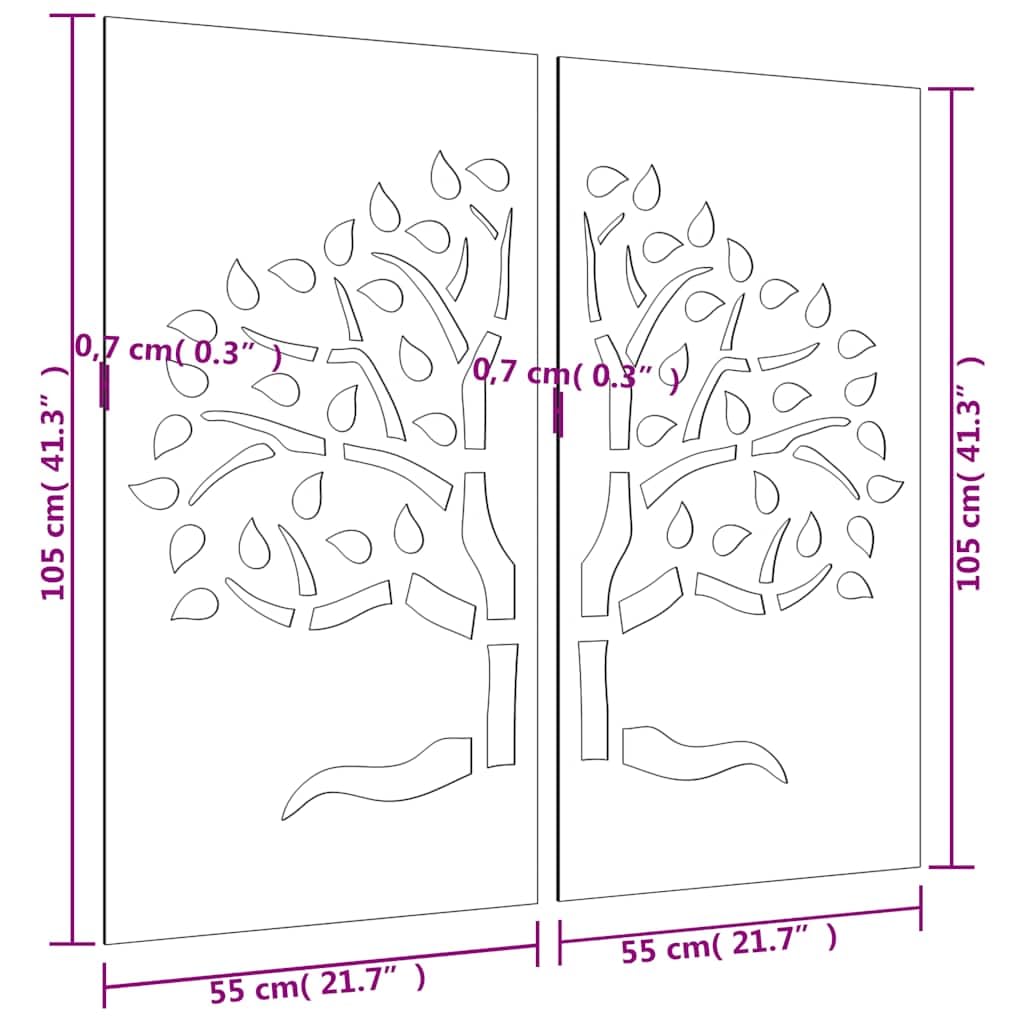 Adorno Pared jardín 2 uds Acero corten diseño árbol 105x55 cm, Casa y jardín Decoración Obras de Arte Carteles, copias y Arte Visual, Marrón, 4.43kg