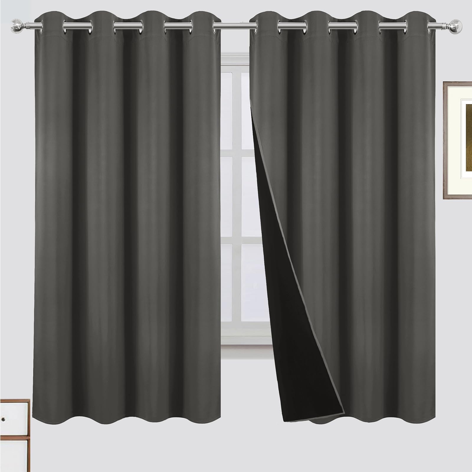 LEMOMO 100% Blackout Curtains 52 x 63 Inch Grey Curtains 2 Panels Darkening Thermal Insulated Bedroom Curtains