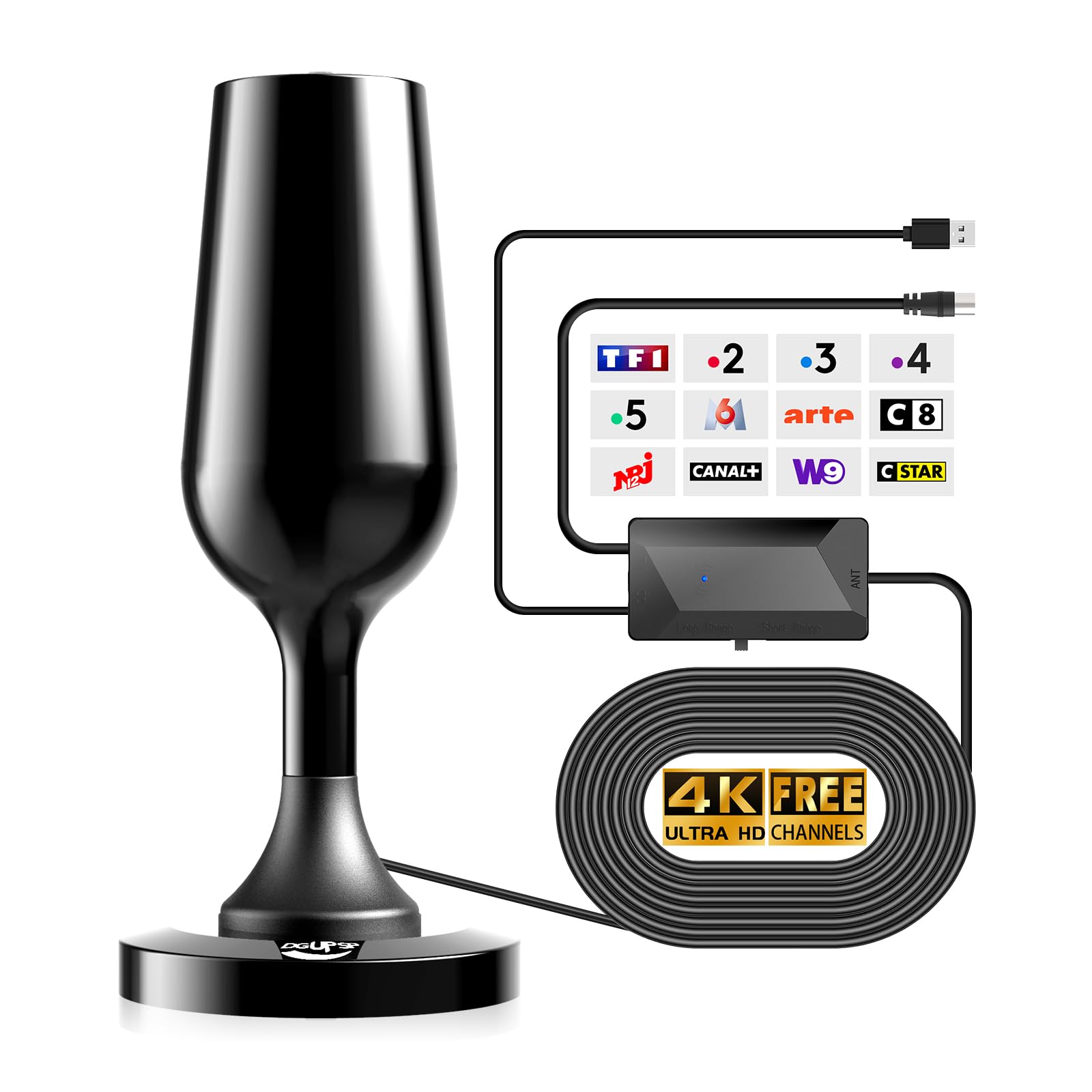 Antenna TV interna potente TNT HD, 2025 Più recente Antenna TV per interni con amplificatore di segnale ad alto guadagno, ricezione a lungo raggio a 360° con solida base magnetica - Nero