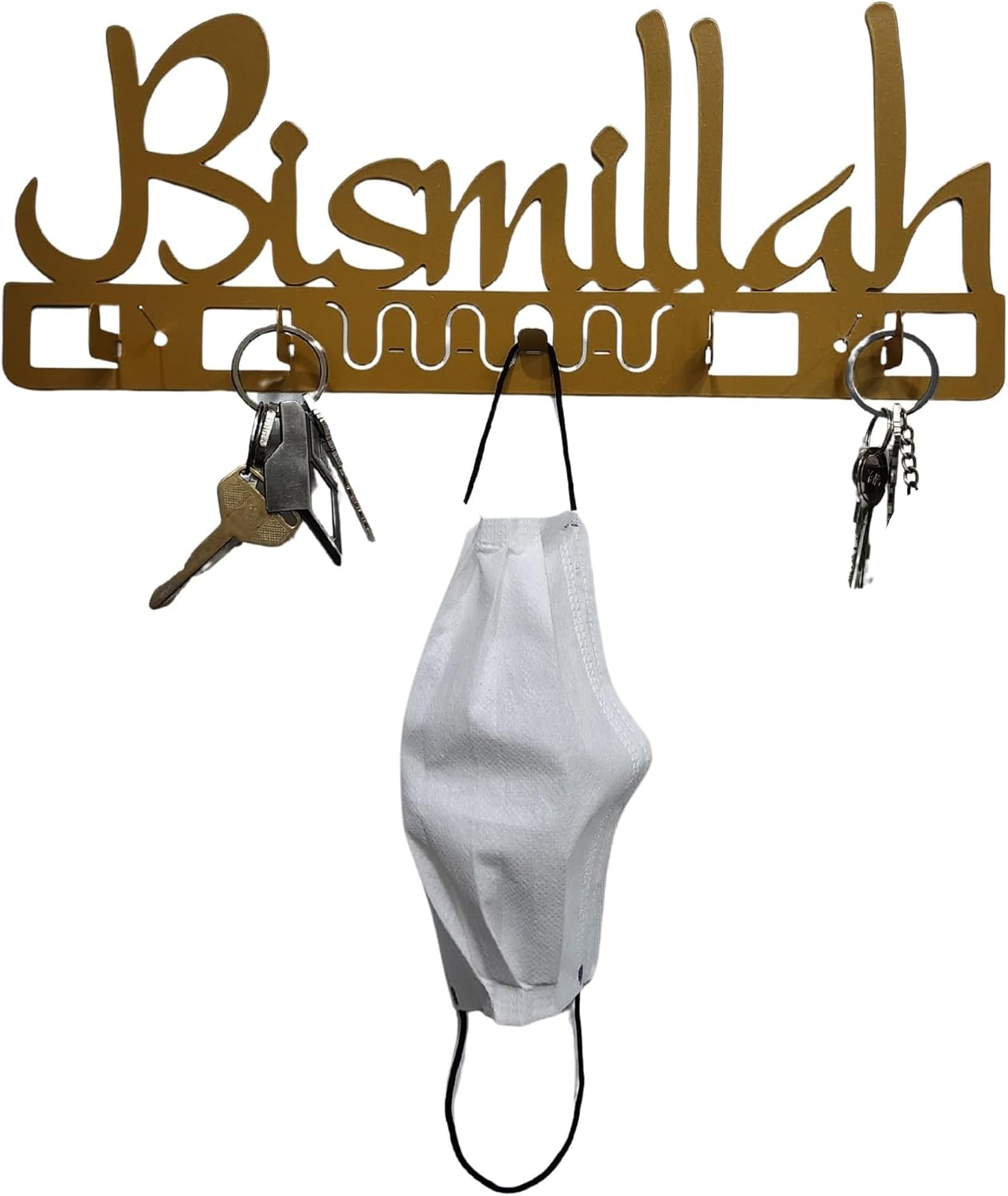 Metal Key Holder AMN-468 Bismillah Wall Mounted Hook Organizer Rack Islam Hanger Praying Room Decor Entryway Hallway Garage Doorway Muslim Gift (Black_02)
