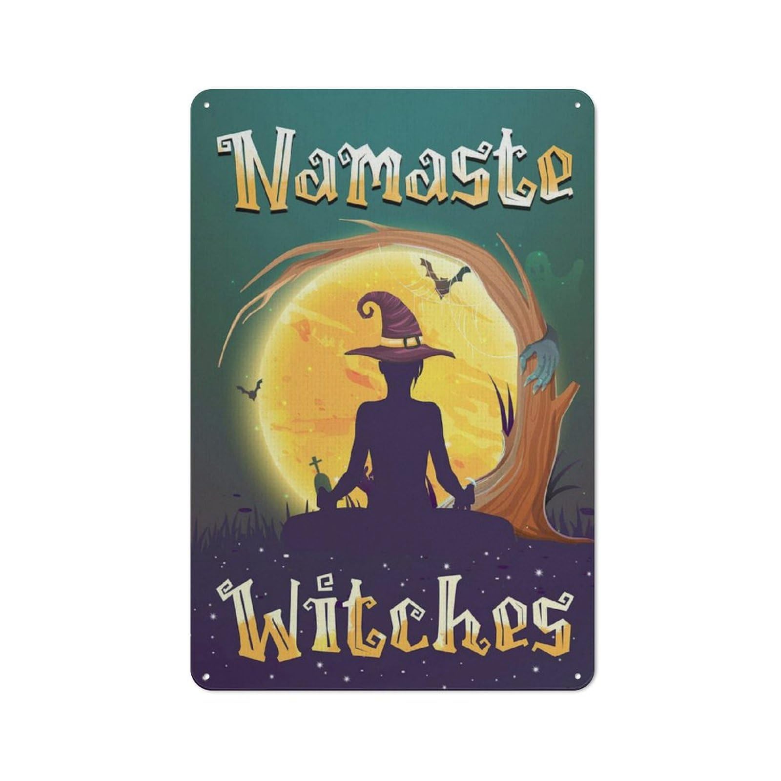 kisoyo Rustic Metal Tin Sign Yoga Lover Gift Halloween Namaste Witches Novelty Home Wall Sign Plaque Parlor Kitchen Garden Bedroom Living Room Courtyard Wall Decor 8x12 Inch