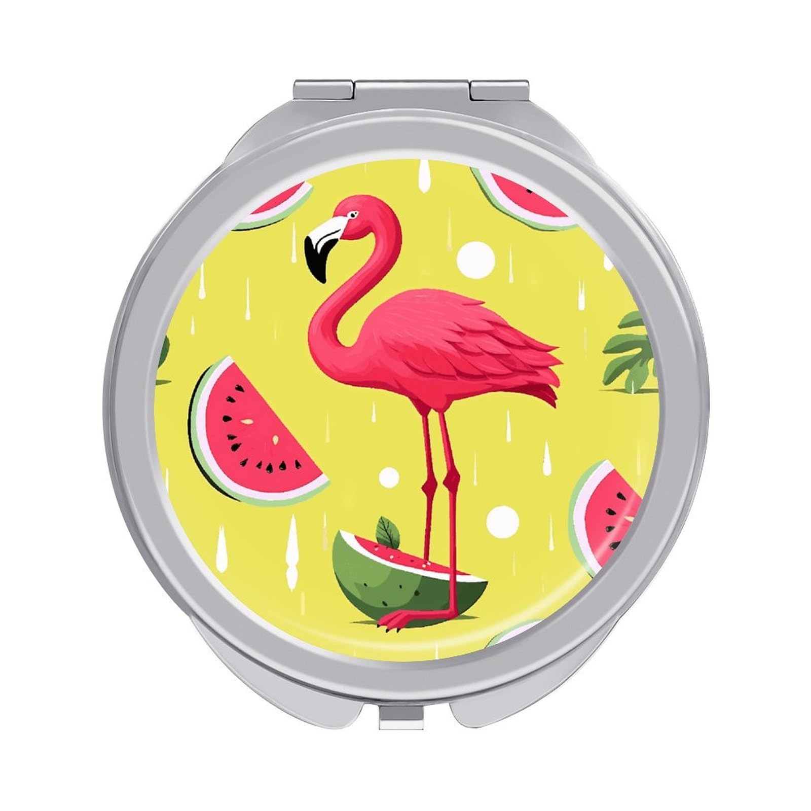 FekiLoot Pink Flamingo and Watermelon Travel Makeup Mirror 2 X /1 X Magnifying Slim Pocket Mirrors Compact for Purse Travel Makeup Mirrors for Pocket, Handbag, Purse Women Gift