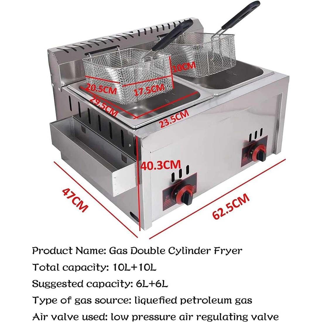Friggitrice a Gas Professionale, Friggitrice a Gas 10L*2 Serbatoio in Acciaio Inox, Friggitrice per Patatine di Pollo per Ristorante Commerciale Cucina Domestica