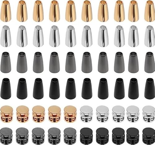 LALOCAPEYO 60PCS Cord Lock Rope End Lock Fastener End Stopper Pull Ends Toggle Clip Alloy End for Sweatpants Hoodies Bags Jackets （4 Colors 2 styles）