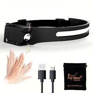 Fay Bless USB C Rechargeable LED Sensor Headlamp with Adjustable Angle (Black)