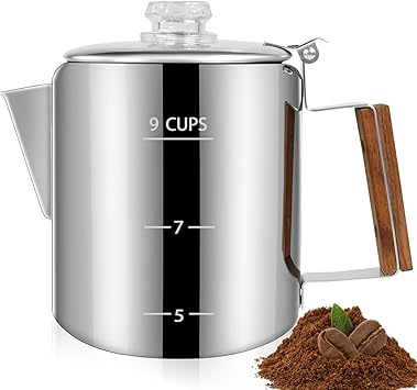 9 Cup Percolator 304 Stainless Steel Coffee Pot Coffee Maker Coffee Machine with Solid Wood Handle Transparent Knob Stovetop Greca Mocha for Induction Home and Camping 1500ml 50.7oz