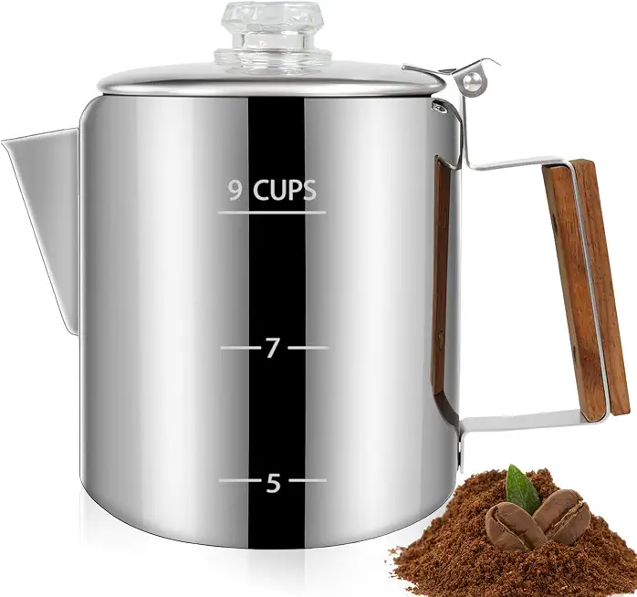 9 Cup Percolator 304 Stainless Steel Coffee Pot Coffee Maker Coffee Machine with Solid Wood Handle Transparent Knob Stovetop Greca Mocha for Induction Home and Camping 1500ml 50.7oz