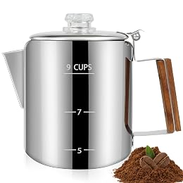 DITOSH 9 Cup Percolator 304 Stainless Steel Coffee Pot Coffee Maker Coffee Machine with Solid Wood Handle Transparent Knob Stovetop Greca Mocha for Induction Home and Camping 1500ml 50.7oz