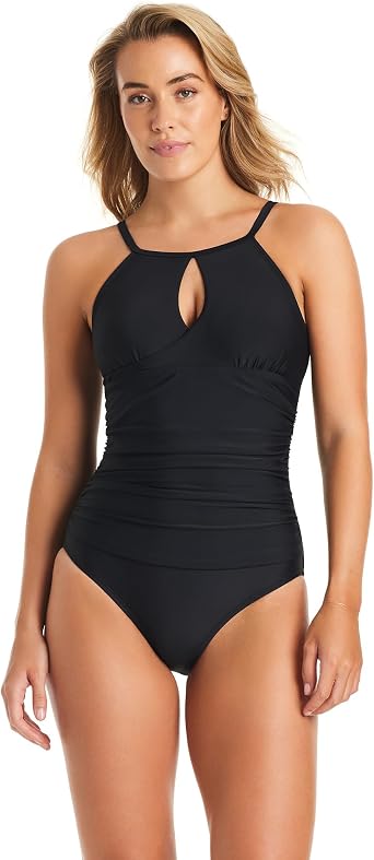 kathy ireland One Piece Swimsuit, Slimming Bathing Suit for Women, High Neck Swimsuit with Keyhole Cutout