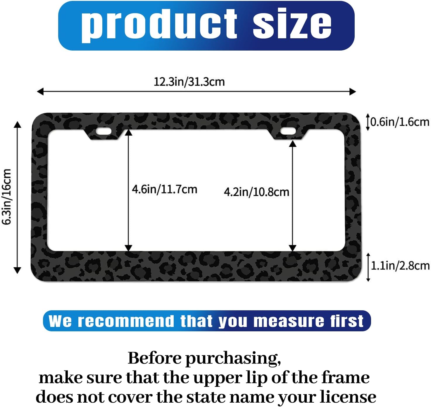 Black Leopard Print License Plate Frame Cheetah Animal Print License Plate Holder for Car Accessories for Car Decor Fits Standard Us Vehicles Size 12 x 6 Inches with Screws