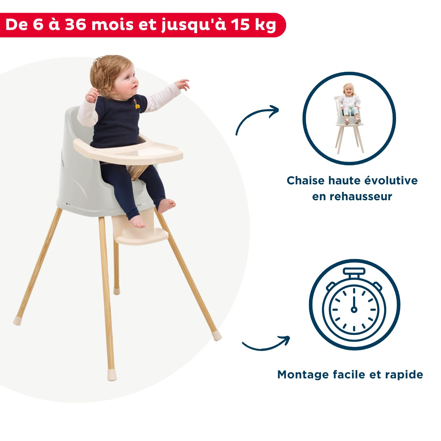 THERMOBABY - Chaise Haute Bébé 2 en 1 Youpla - Évolutive En Rehausseur Chaise Enfant - Tablette Amovible - Harnais 3 Points - Dès 6 Mois, Jusqu'à 3 Ans ou 15kg - Fabriqué En France - Gris velours