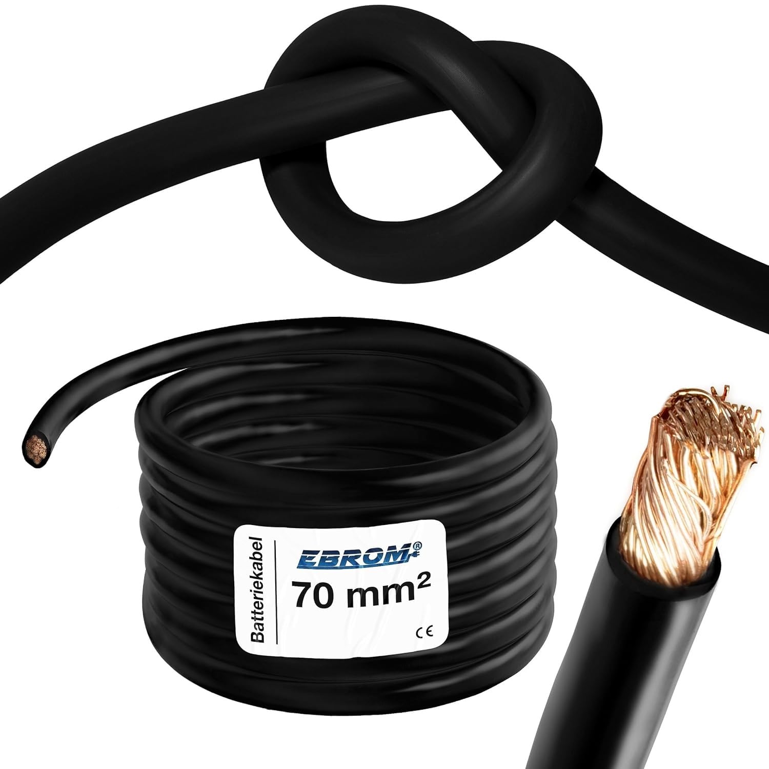 EBROM HI-FLEX 2 Meter hochflexibles Batteriekabel Massekabel SCHWARZ 70 mm²